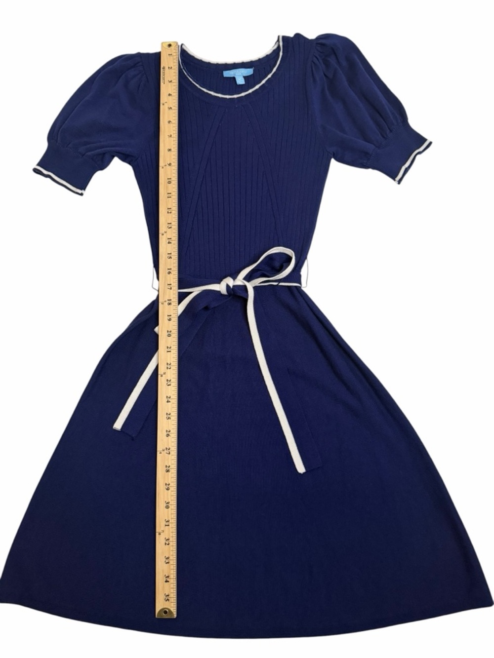 Draper James RSVP Navy Knit Fit Flare Dress Puff Sleeve Medium - Picture 6 of 8